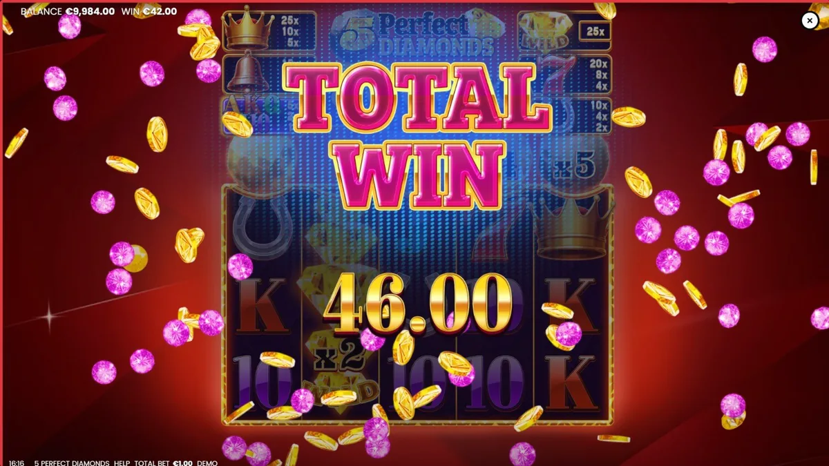 Interface do slot 5 Perfect Diamonds com símbolos de diamantes e coroas.