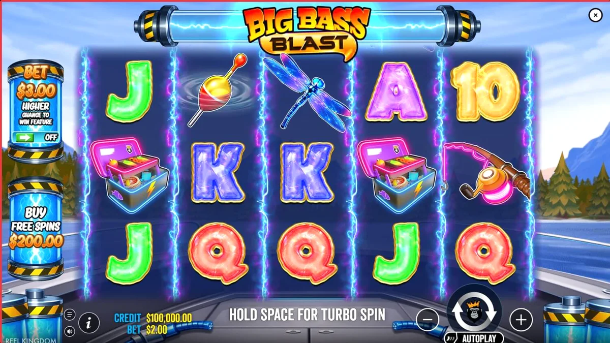 Interface futurista do slot Big Bass Blast com elementos de pesca e eletricidade